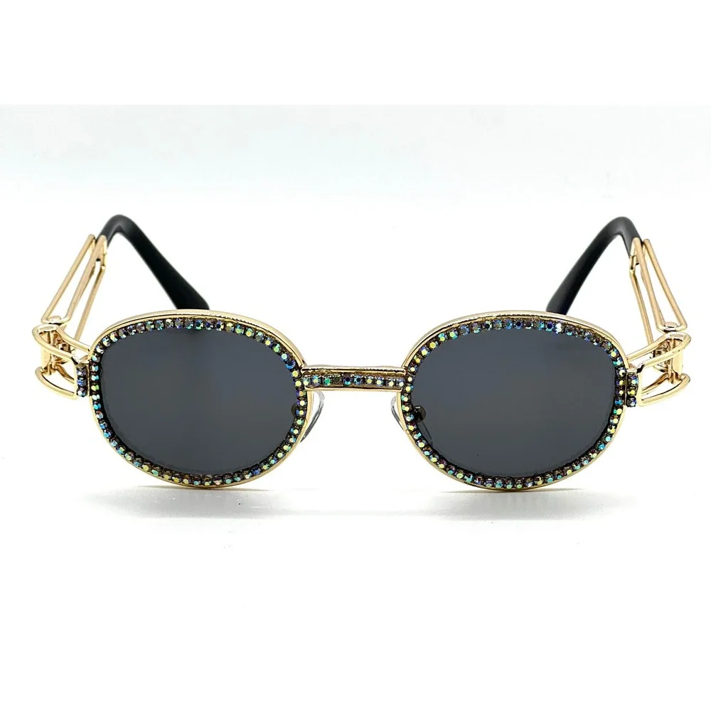 Rhinestone Sunglasses Oval Frame Gold Metal Designer Fashion Men Hip Hop Diamond